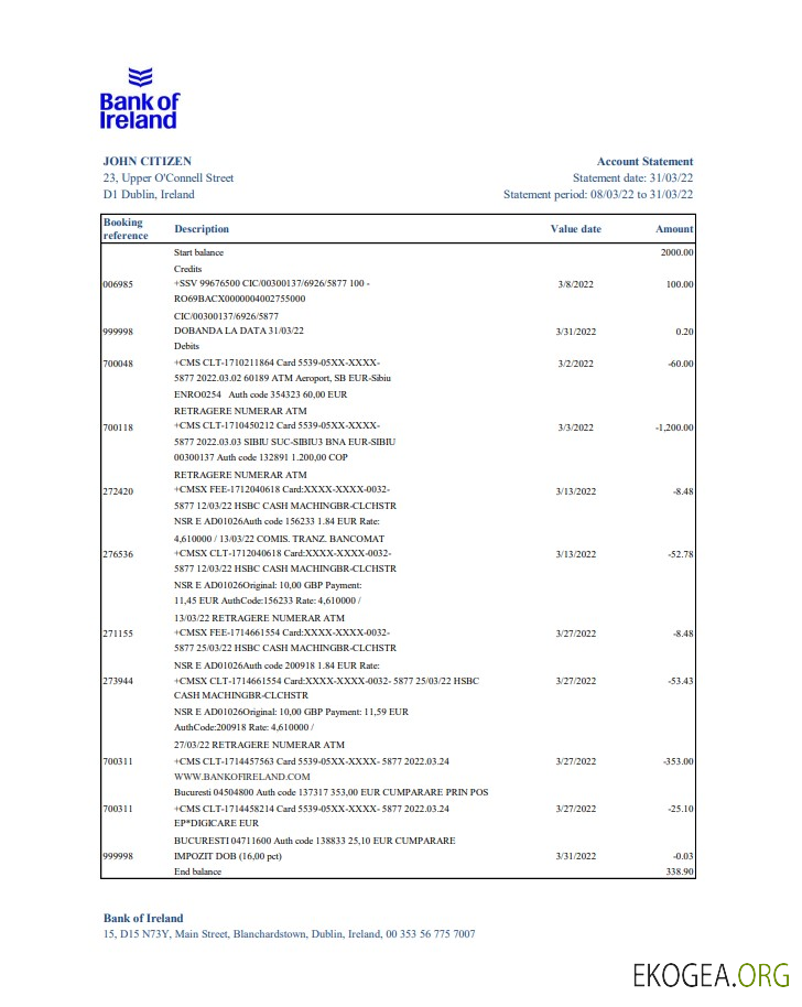 Irlande Déclaration de la Banque d'Irlande xls